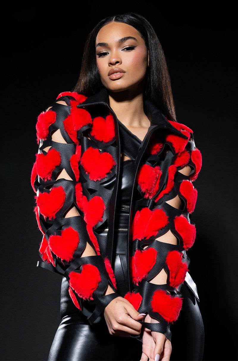 I HEART YOU FUR BOMBER JACKET WITH PU