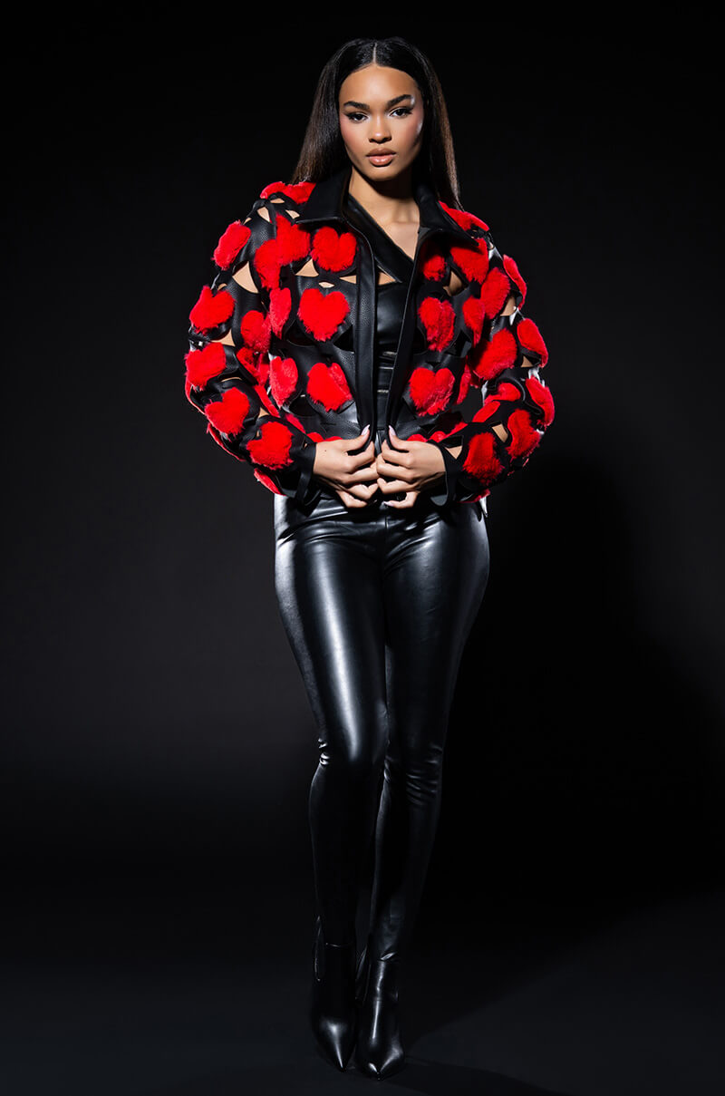 I HEART YOU FUR BOMBER JACKET WITH PU