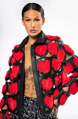 I HEART YOU FUR BOMBER JACKET WITH PU