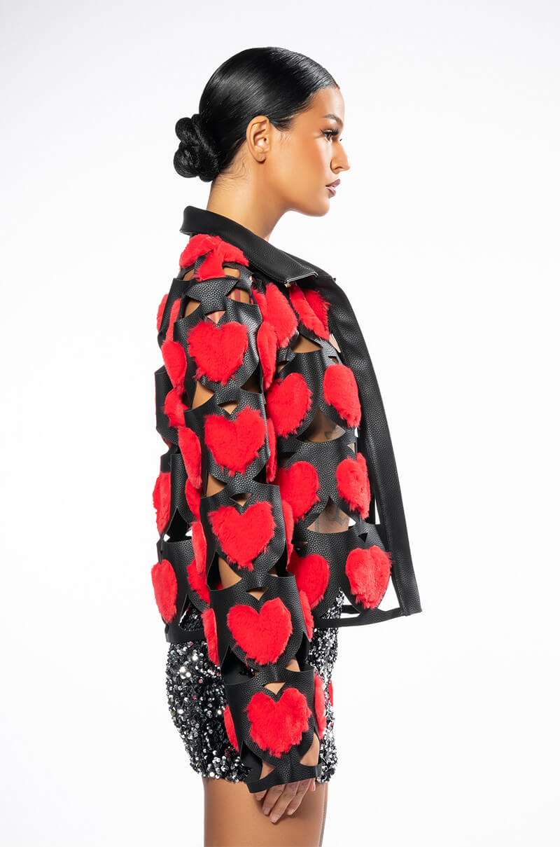 I HEART YOU FUR BOMBER JACKET WITH PU