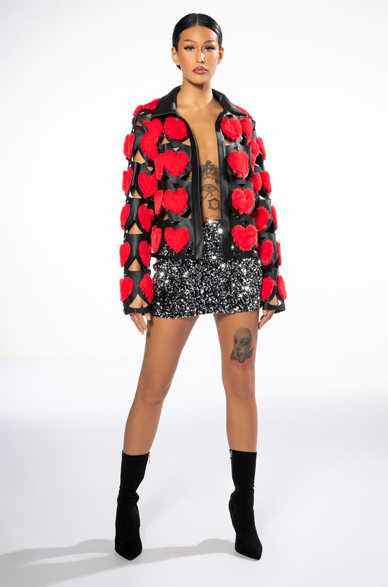I HEART YOU FUR BOMBER JACKET WITH PU