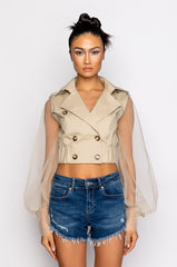 CROP TRENCH WITH TULLE ARMS