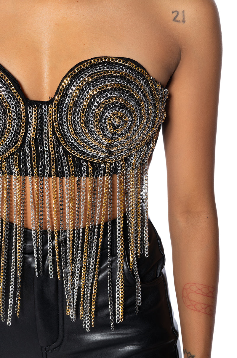 MATERIAL GIRL METALLIC FRINGE BUSTIER TOP
