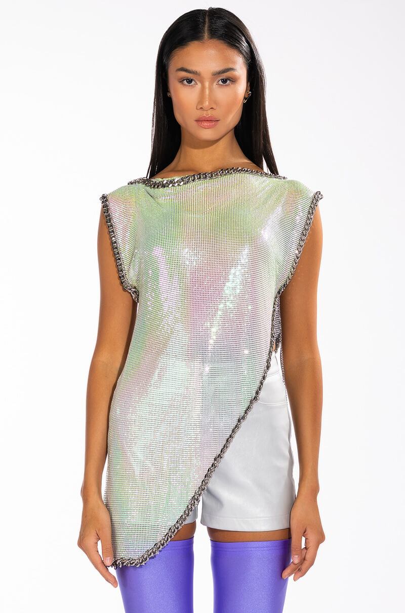 ICY SHORT SLEEVE ASYMMETRICAL CHAINMAIL BLOUSE