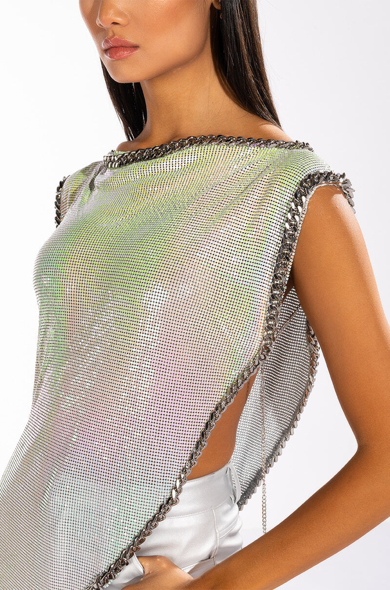 ICY SHORT SLEEVE ASYMMETRICAL CHAINMAIL BLOUSE