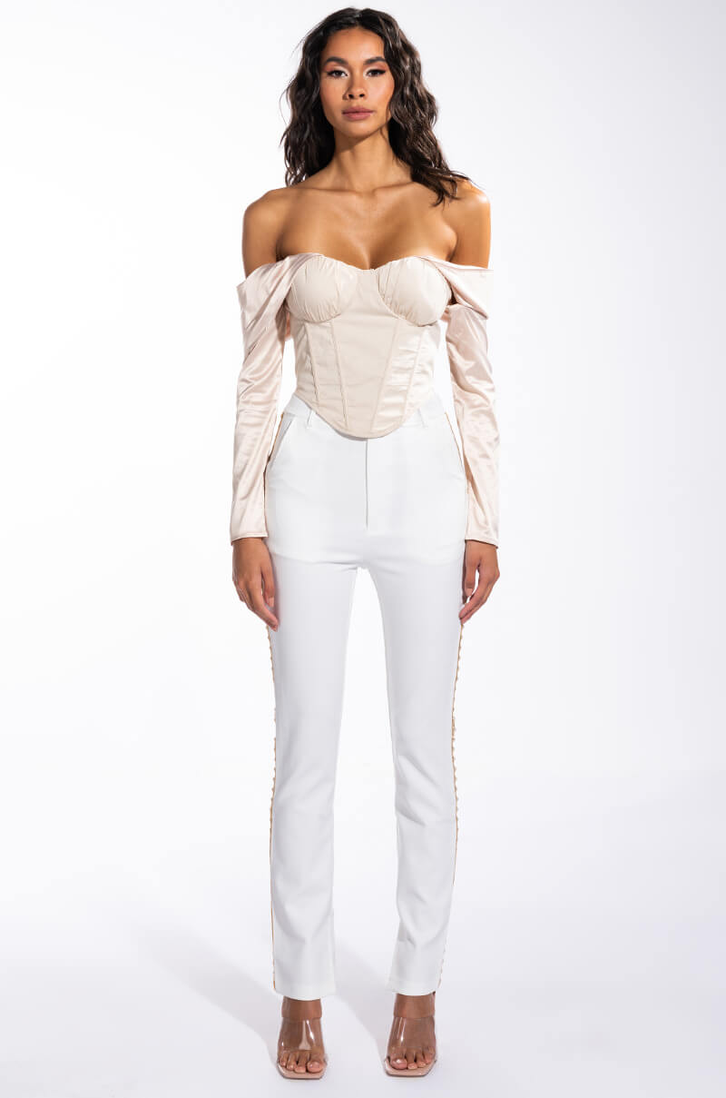 IF YOU LOVE ME SAY SO OFF THE SHOULDER POPLIN CORSET BLOUSE
