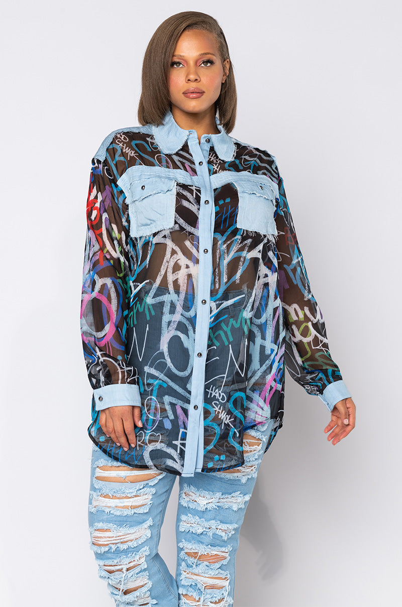 I'LL TAKE IT FROM HERE MESH LONG SLEEVE BUTTON UP BLOUSE