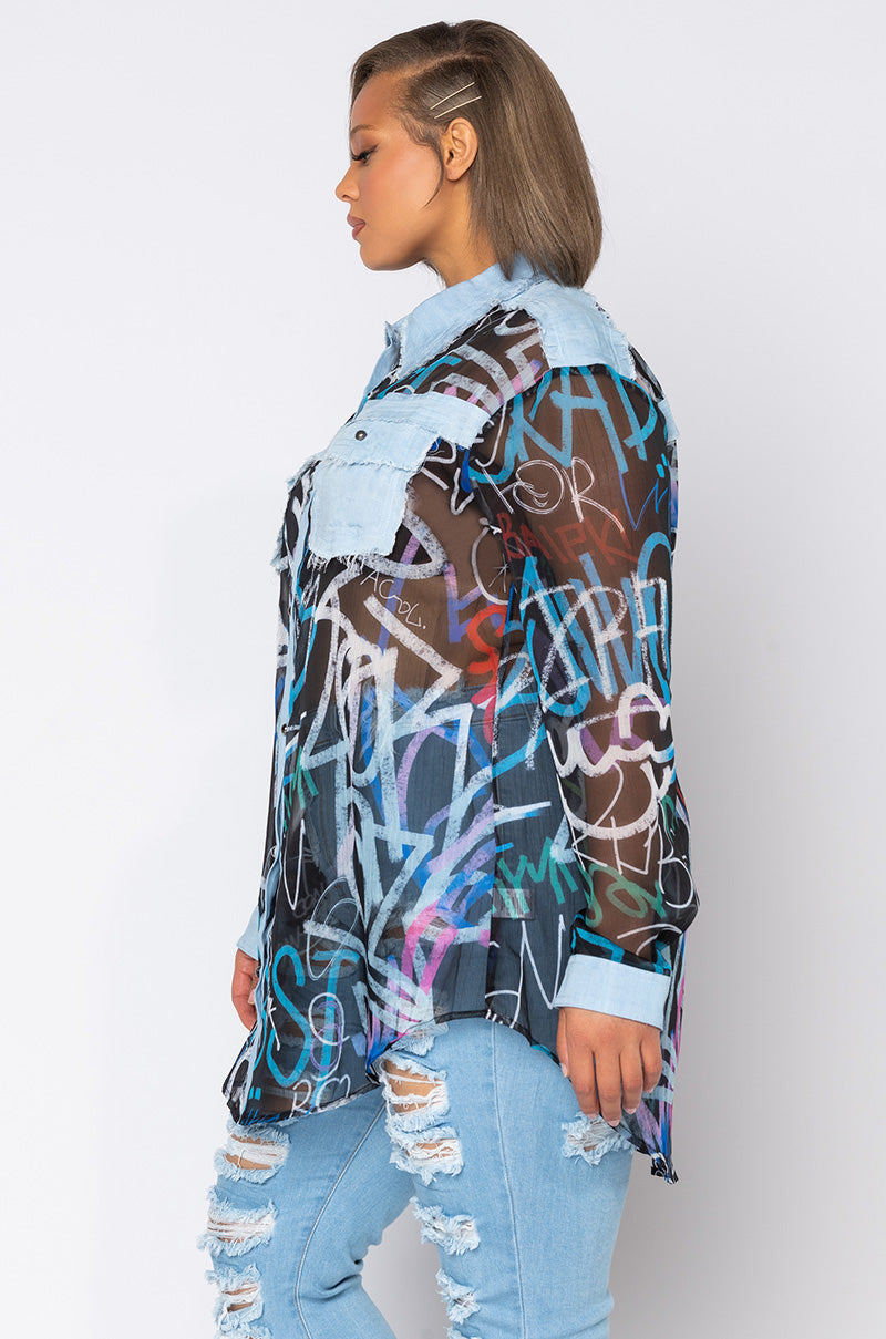 I'LL TAKE IT FROM HERE MESH LONG SLEEVE BUTTON UP BLOUSE
