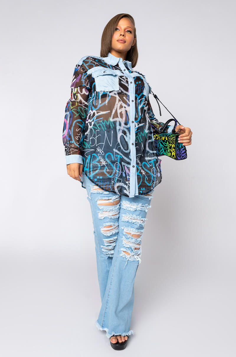 I'LL TAKE IT FROM HERE MESH LONG SLEEVE BUTTON UP BLOUSE