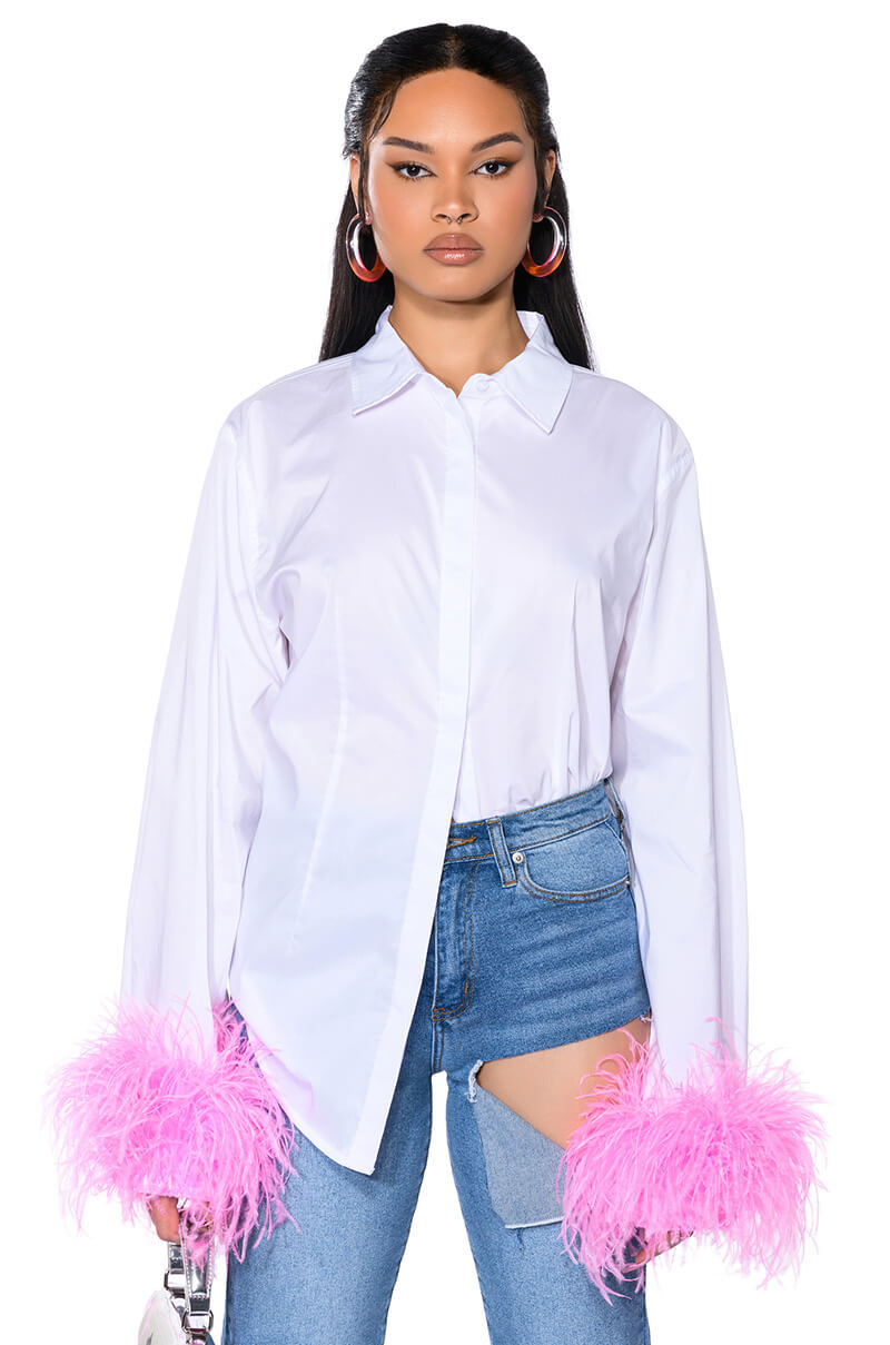 IM A FLIRT OSTRICH FEATHER BUTTON DOWN BLOUSE