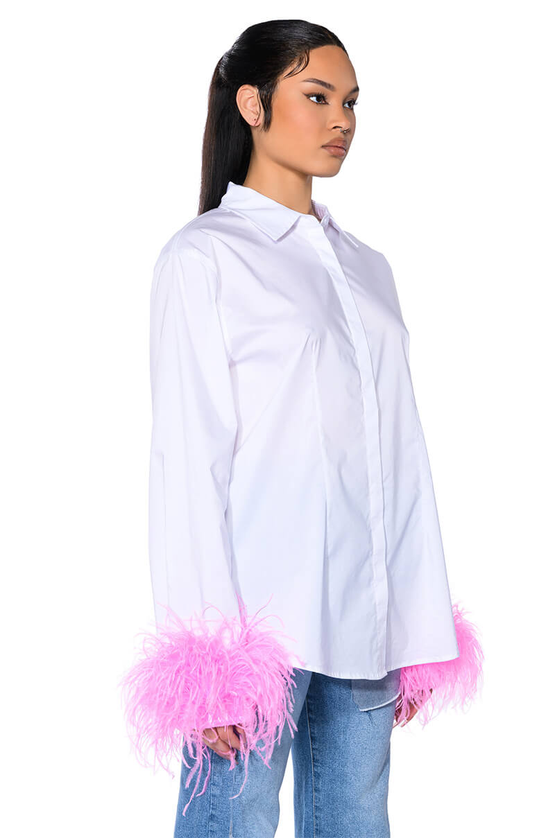 IM A FLIRT OSTRICH FEATHER BUTTON DOWN BLOUSE