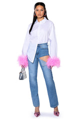 IM A FLIRT OSTRICH FEATHER BUTTON DOWN BLOUSE