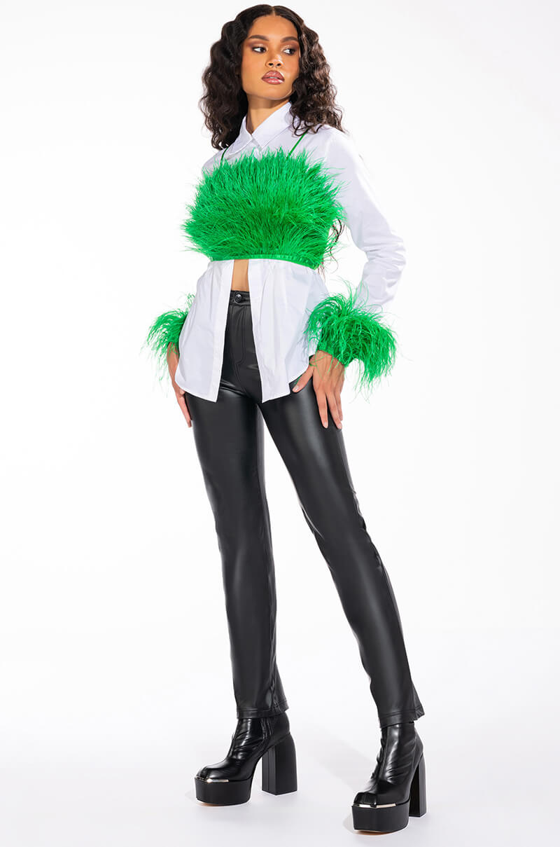 IM A FLIRT OSTRICH FEATHER BUTTON DOWN BLOUSE