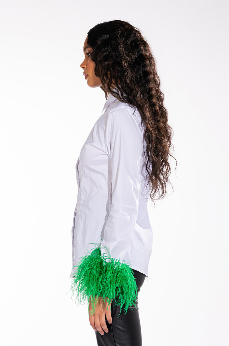 IM A FLIRT OSTRICH FEATHER BUTTON DOWN BLOUSE
