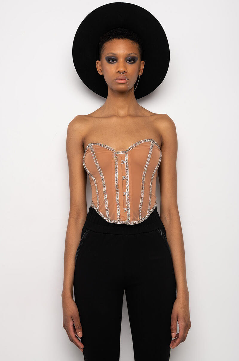 I'M LEGIT RHINESTONE TRIM MESH CORSET