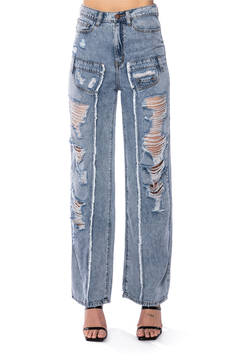 IMPACT ON YOU DISTRESSED WIDE LEG HIGH RISE JEANS