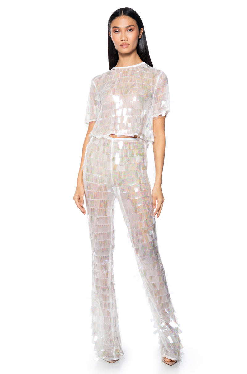 IMPRESS ME IRIDESCENT WIDE LEG SEQUIN PANT