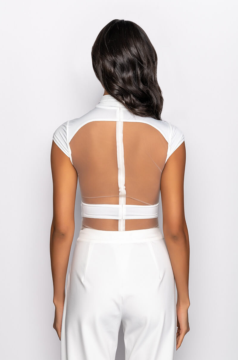 SAYLOR MESH INSERT MOCK NECK SHORT SLEEVE BODYSUIT