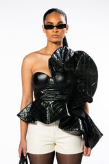 INTIMIDATED STRAPLESS RUFFLE PEPLUM BLOUSE