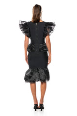 INTO THE NIGHT BLACK RUFFLE BANDAGE DRESS