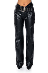 INVEST IN ME FAUX LEATHER FLARE LEG BELTED PANT