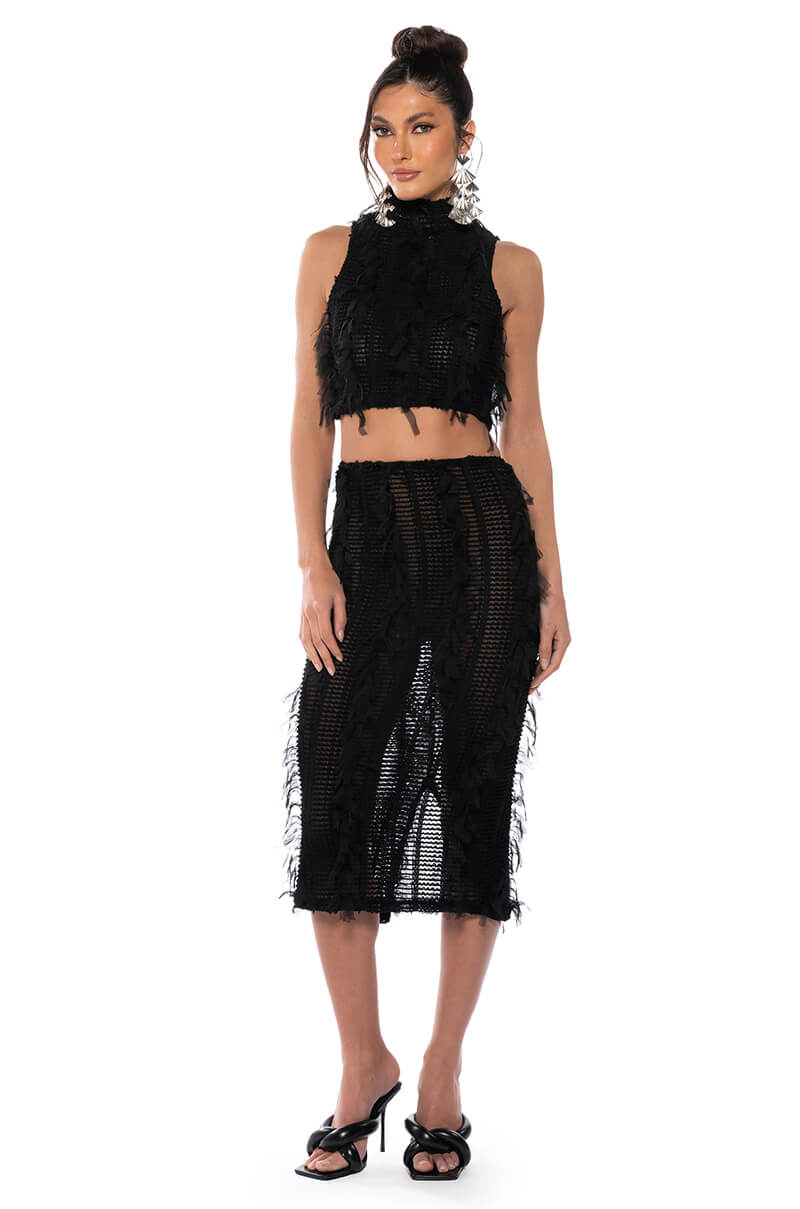 ITS A WRAP MACRAME MESH BODYCON MIDI SKIRT