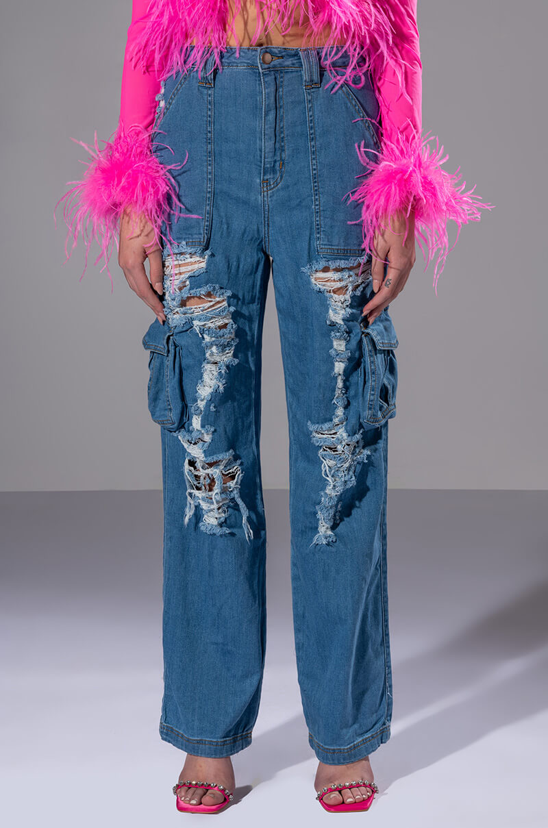 IVY DISTRESSED CARGO HIGH WAISTED JEANS