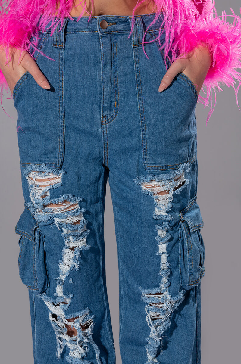 IVY DISTRESSED CARGO HIGH WAISTED JEANS