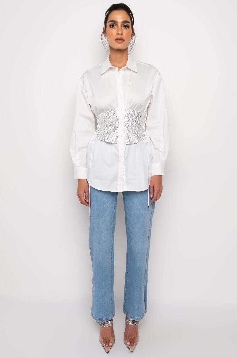 IVY RHINESTONE CORSET BUTTON DOWN BLOUSE
