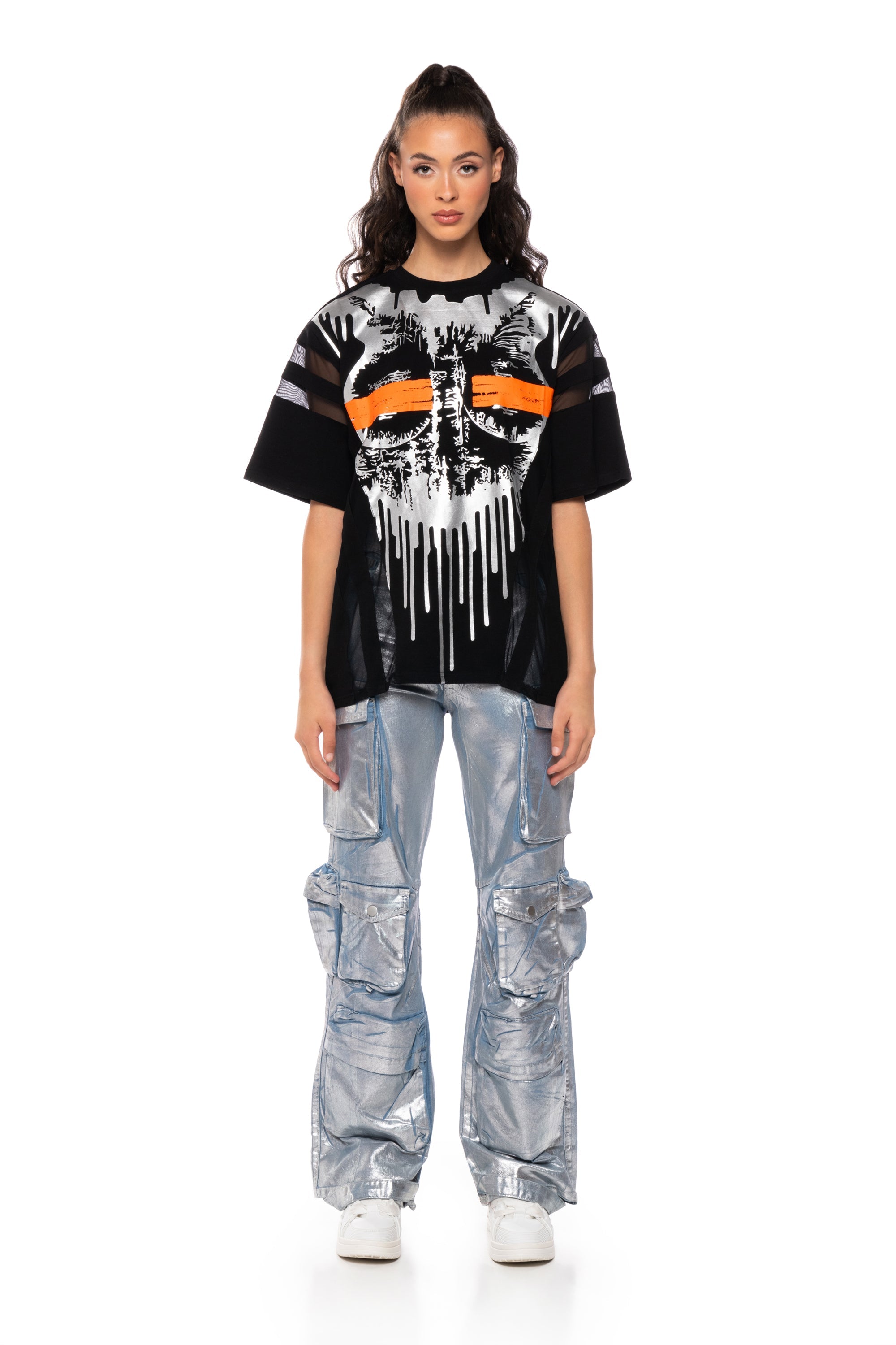 MESH DETAIL GRAPHIC T SHIRT