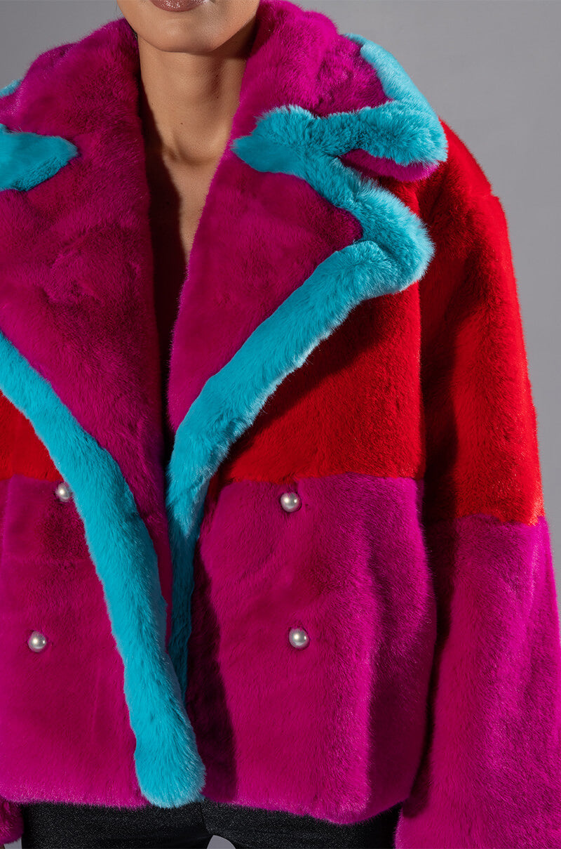 JAYLEY BRAND FAUX FUR COLOR BLOCK JACKET