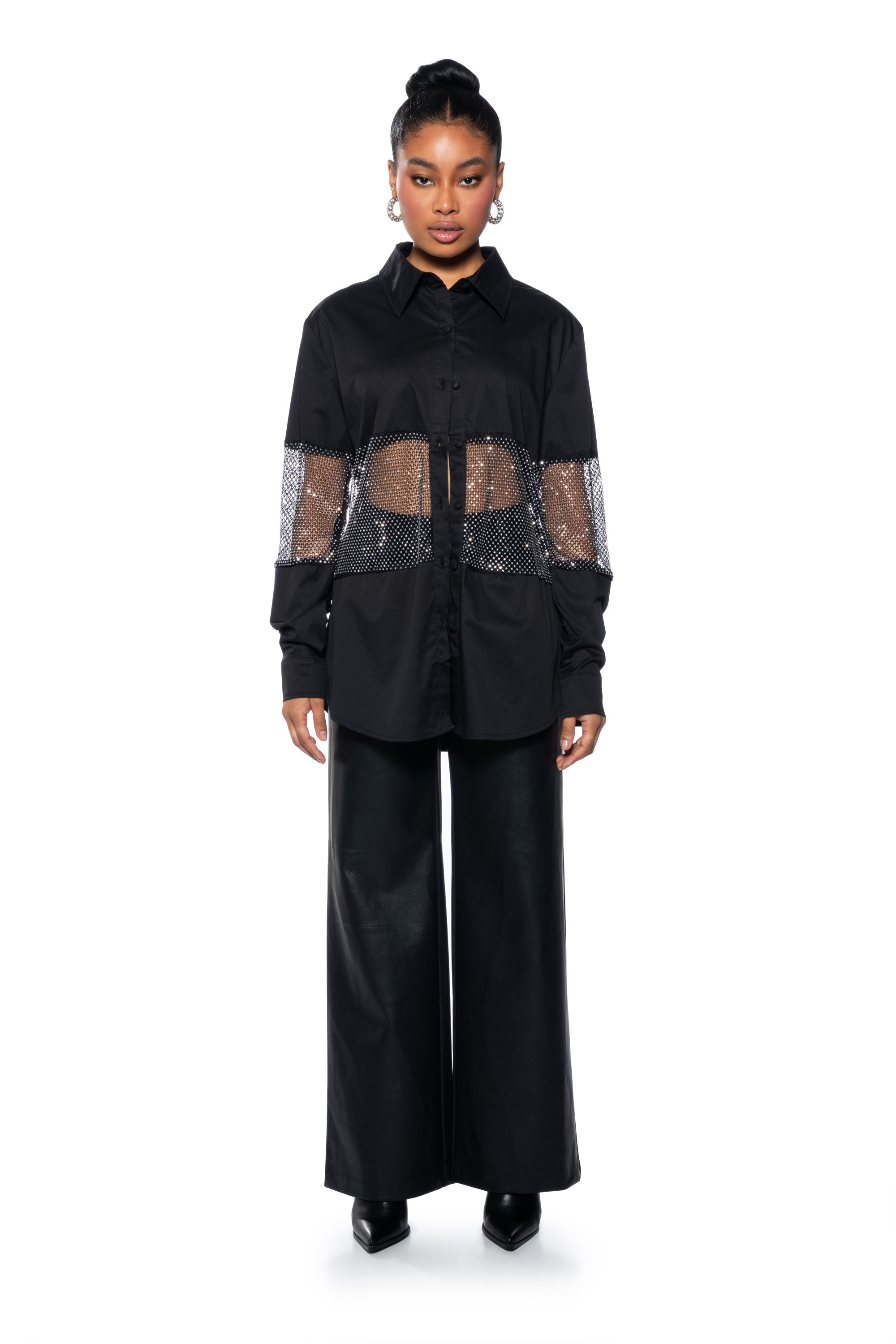 JOSIE RHINESTONE MESH POPLIN BUTTON DOWN