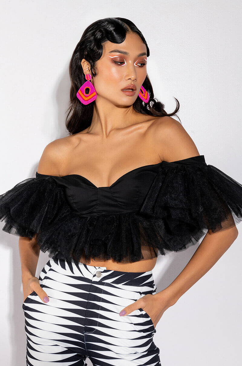 JUNO RUFFLE SLEEVE TULLE DETAIL CROPPED BLOUSE