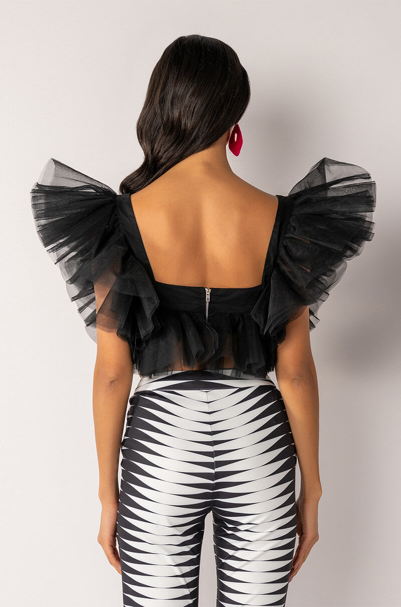JUNO RUFFLE SLEEVE TULLE DETAIL CROPPED BLOUSE