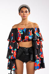 JUST A CRUSH LONG SLEEVE SATIN CROPPED BLOUSE