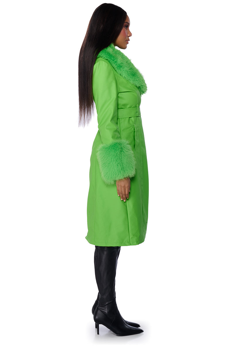 KAYA PU TRENCH WITH FUR LINING IN GREEN
