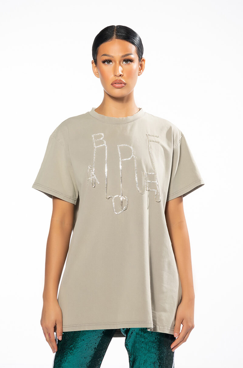 KEEP EM GUESSING RHINESTONE EMBELLISHED TSHIRT