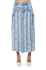 KENNIE DISTRESSED DENIM MIDI SKIRT