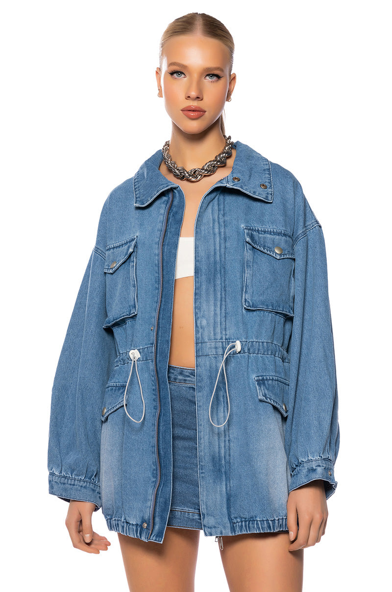 KICKSTART CINCHED WAIST DENIM JACKET