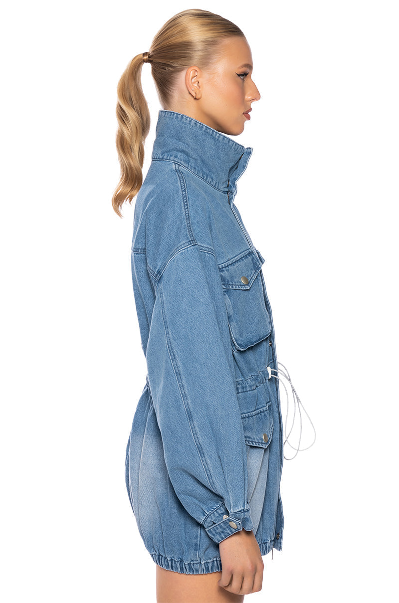 KICKSTART CINCHED WAIST DENIM JACKET