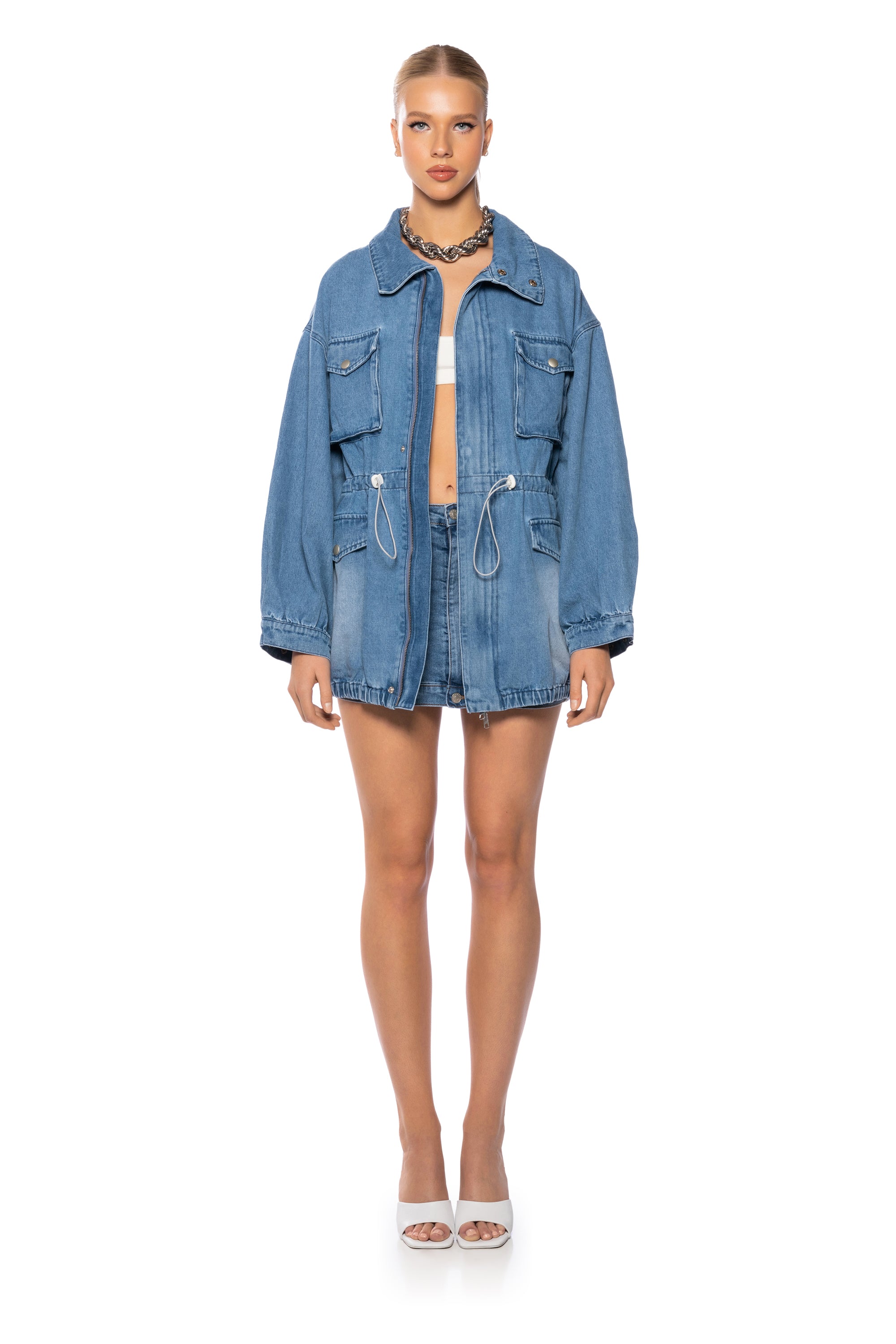 KICKSTART CINCHED WAIST DENIM JACKET
