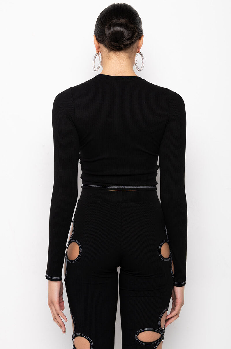 KYLIE CUT OUT RIBBED LONG SLEEVE TOP