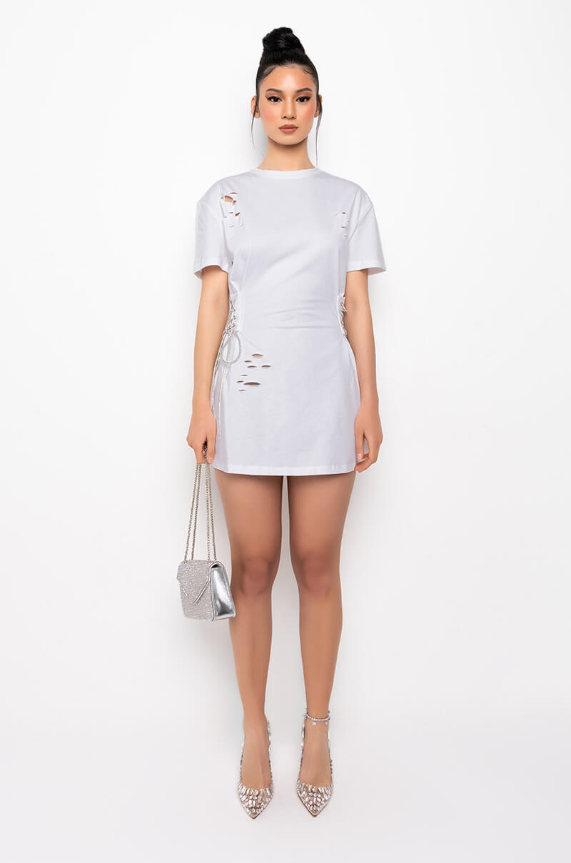 LACE UP RHINESTONE TSHIRT DRESS