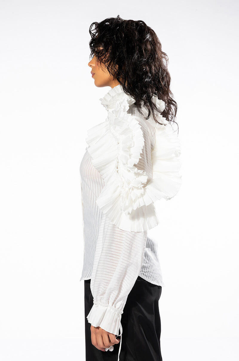 LADY LUCK LONG SLEEVE RUFFLE BUTTON DOWN BLOUSE