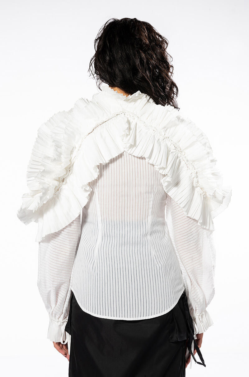 LADY LUCK LONG SLEEVE RUFFLE BUTTON DOWN BLOUSE
