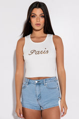 LANGUAGE OF LOVE EMBELLISHED CROPPED RIB TANK