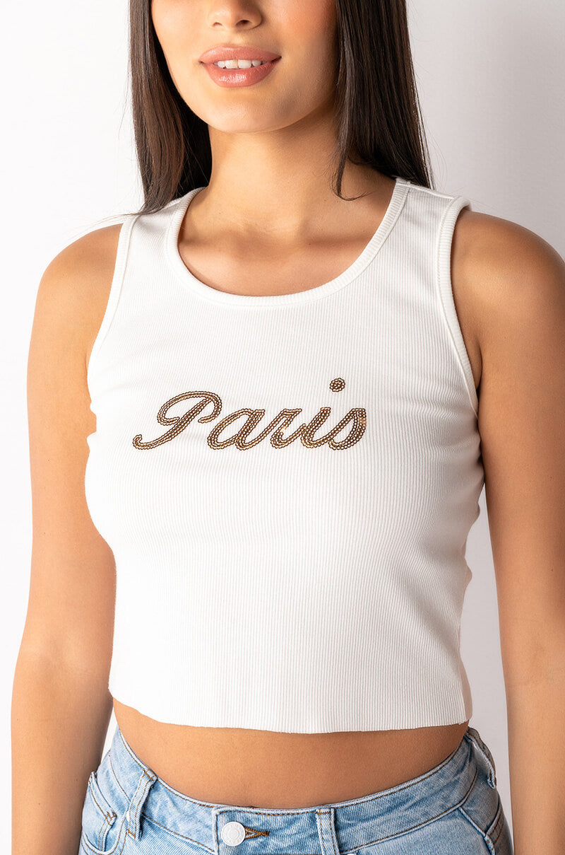 LANGUAGE OF LOVE EMBELLISHED CROPPED RIB TANK