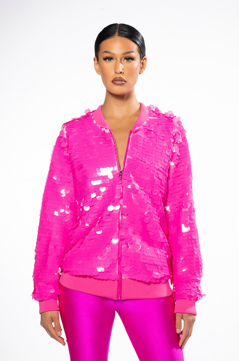 LARGE SEQUIN VARSITY BOMBER WITH RIB TRIMS