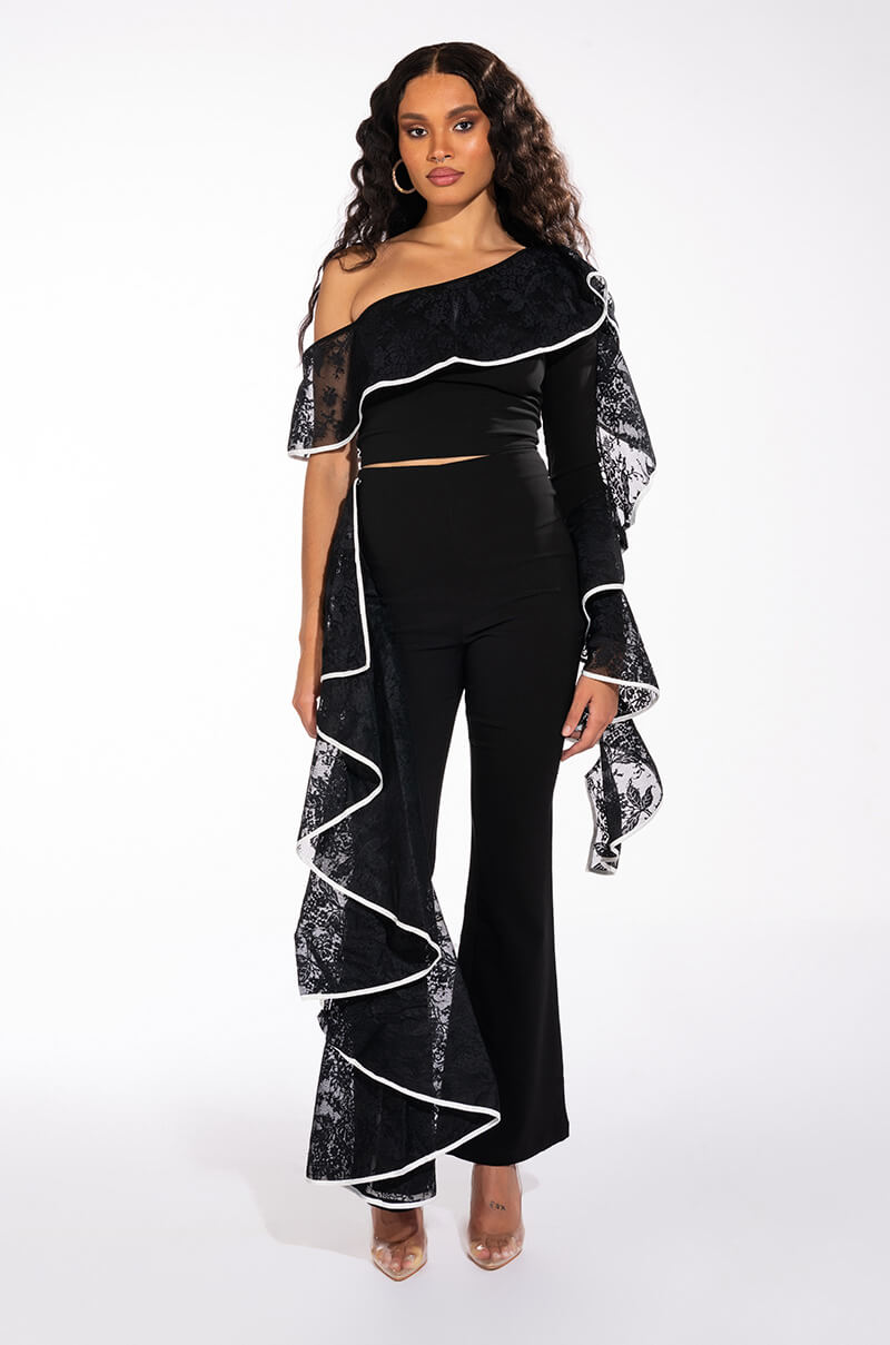 SELENA HIGH RISE LACE DETAIL FLARE TROUSER