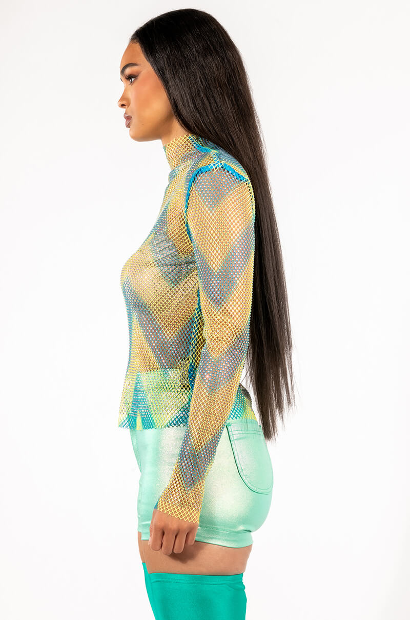 LASTING IMPRESSION LONG SLEEVE MOCK NECK RHINESTONE MESH TOP